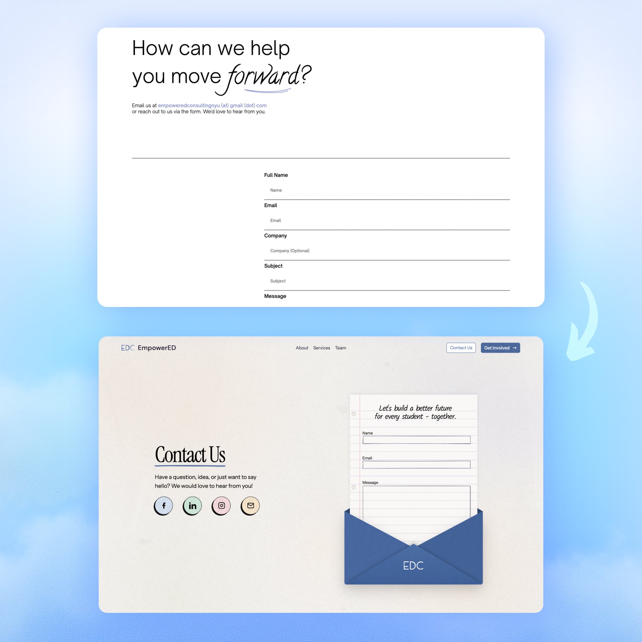 Comparison of the original EmpowerED contact form and the redesigned notebook-and-envelope interaction