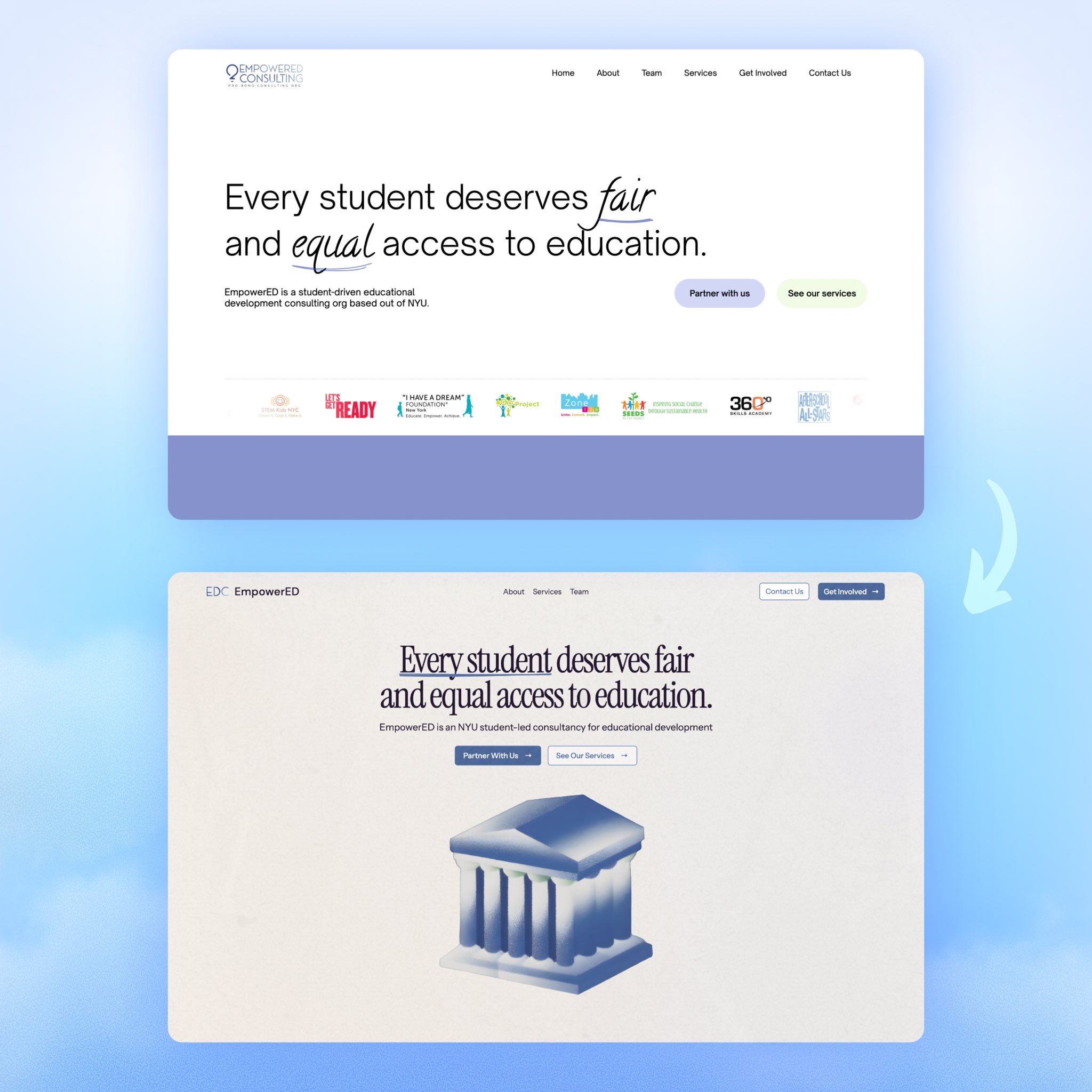 Comparison of the original and redesigned EmpowerED homepage hero