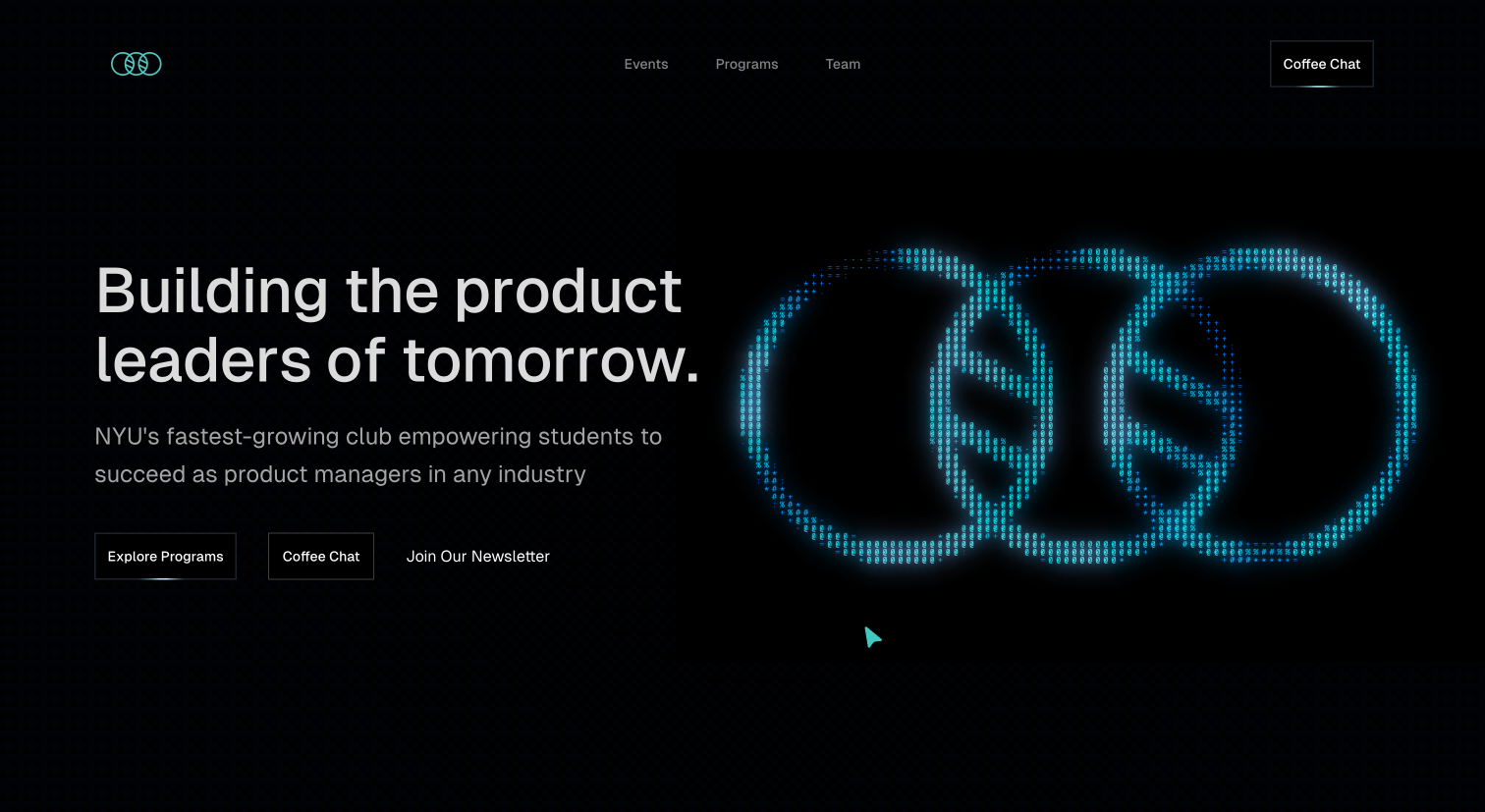 Original NYU Product Management Club website with a cyan ring graphic on a dark interface