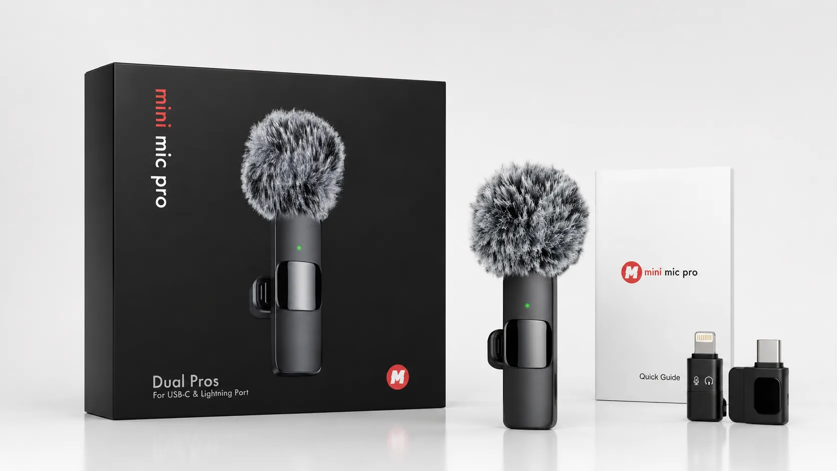Mini Mic Pro kit with box, microphone, quick guide, and USB-C and Lightning adapters