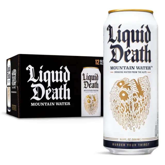 The original Liquid Death can and packaging design is a masterstroke in branding
